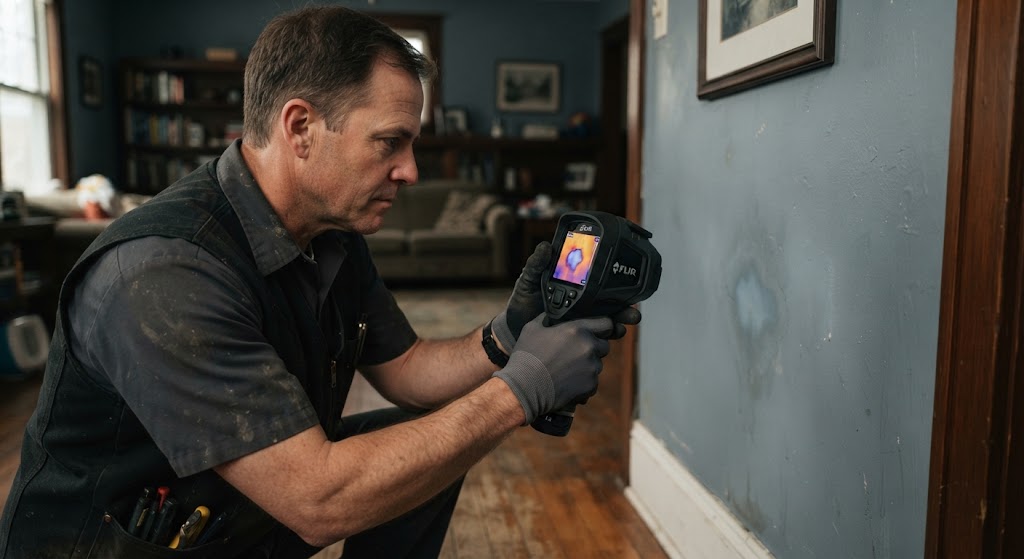 Thermal imaging identifying hidden water leak detection Linden