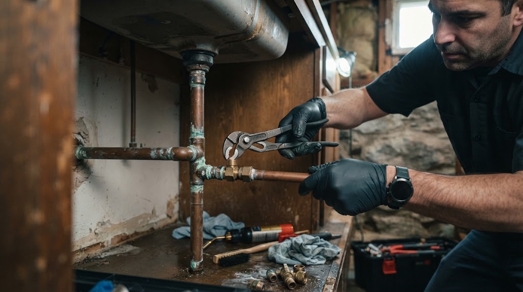 Plumber doing pipe leak repair Linden NJ on copper pipe