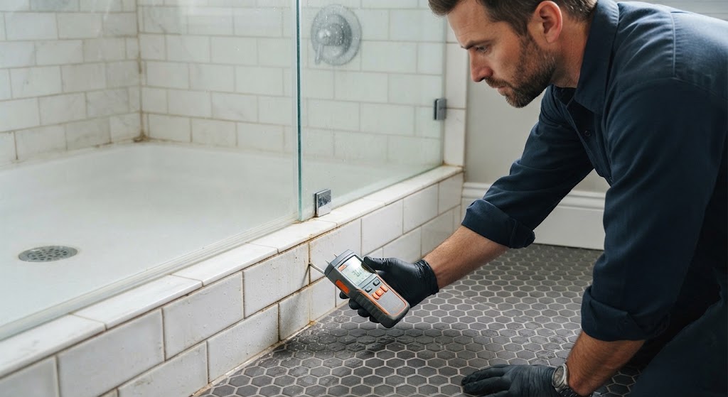 Plumber checking for shower leak detection Linden NJ
